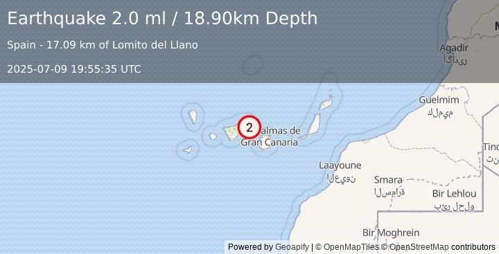 Earthquake CANARY ISLANDS, SPAIN REGION (2.0 ml) (2025-07-09 19:55:35 UTC)