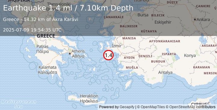 Earthquake DODECANESE ISLANDS, GREECE (1.4 ml) (2025-07-09 19:54:35 UTC)