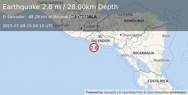 Earthquake OFFSHORE EL SALVADOR (2.8 m) (2025-07-09 20:04:10 UTC)