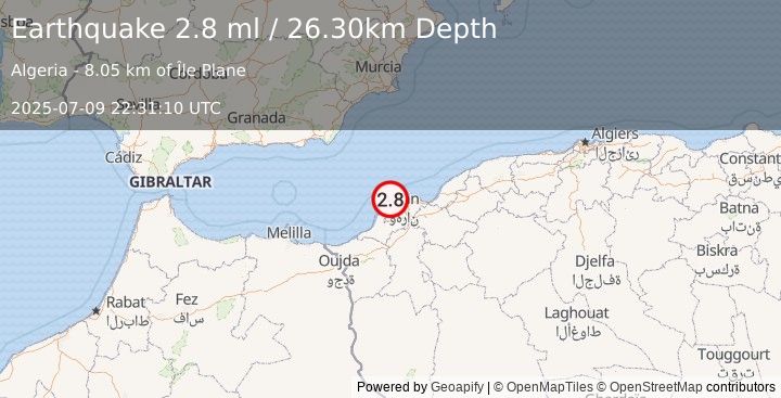 Earthquake NORTHERN ALGERIA (2.8 ml) (2025-07-09 22:31:10 UTC)