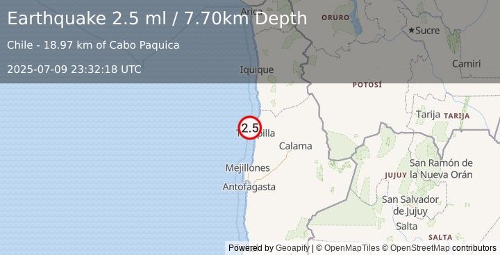 Earthquake OFFSHORE ANTOFAGASTA, CHILE (2.5 ml) (2025-07-09 23:32:18 UTC)
