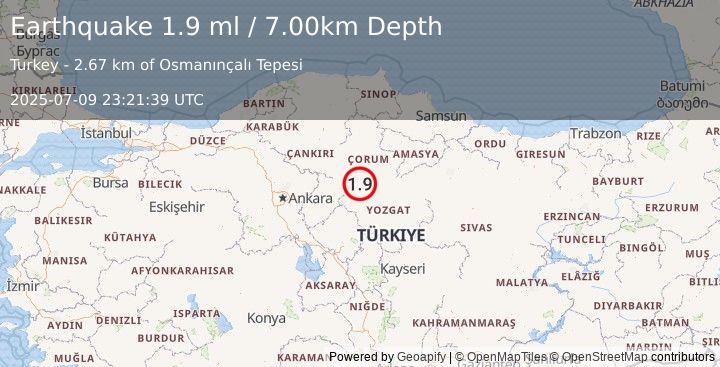 Earthquake CENTRAL TURKEY (1.9 ml) (2025-07-09 23:21:39 UTC)