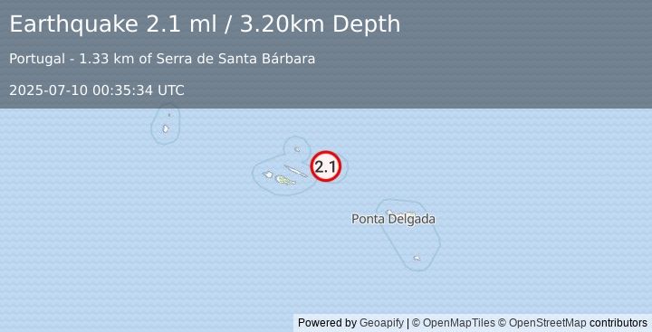 Earthquake AZORES ISLANDS, PORTUGAL (2.1 ml) (2025-07-10 00:35:34 UTC)