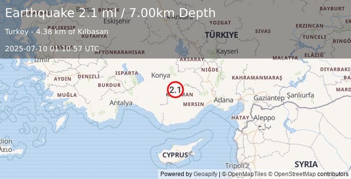Earthquake CENTRAL TURKEY (2.1 ml) (2025-07-10 01:10:57 UTC)