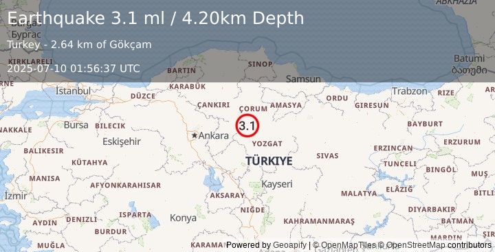 Earthquake CENTRAL TURKEY (3.1 ml) (2025-07-10 01:56:37 UTC)