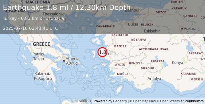 Earthquake NEAR THE COAST OF WESTERN TURKEY (1.8 ml) (2025-07-10 02:43:41 UTC)