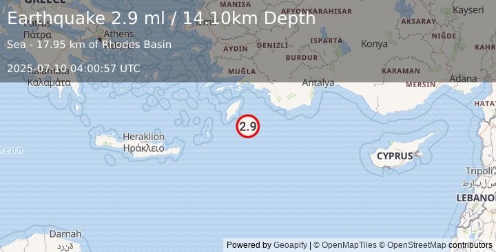 Earthquake EASTERN MEDITERRANEAN SEA (2.9 ml) (2025-07-10 04:00:57 UTC)