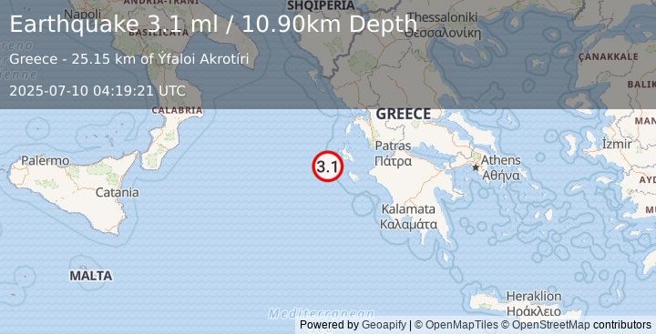 Earthquake IONIAN SEA (3.1 ml) (2025-07-10 04:19:21 UTC)