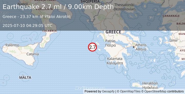 Earthquake IONIAN SEA (2.7 ml) (2025-07-10 04:29:05 UTC)