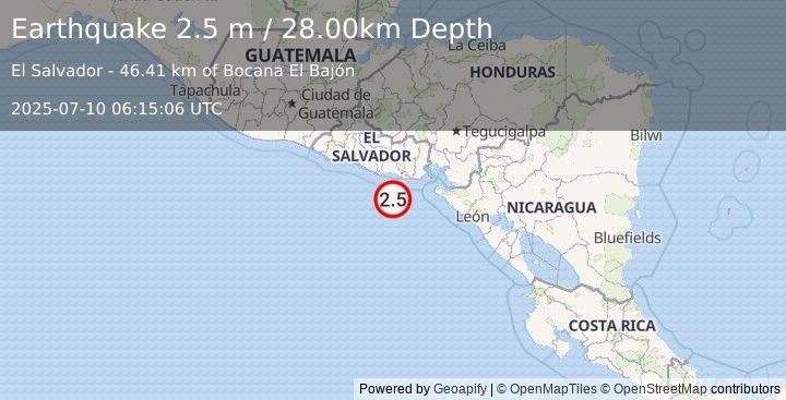 Earthquake OFFSHORE EL SALVADOR (2.5 m) (2025-07-10 06:15:06 UTC)