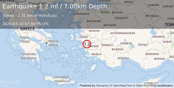 Earthquake WESTERN TURKEY (1.2 ml) (2025-07-10 07:30:55 UTC)