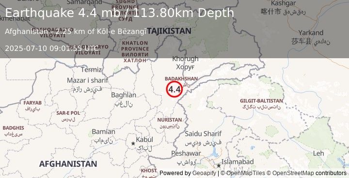Earthquake HINDU KUSH REGION, AFGHANISTAN (4.4 mb) (2025-07-10 09:01:55 UTC)