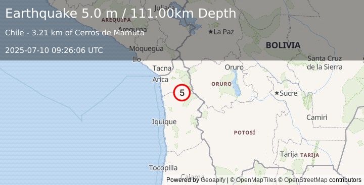 Earthquake ORURO, BOLIVIA (5.0 mw) (2025-07-10 09:26:05 UTC)