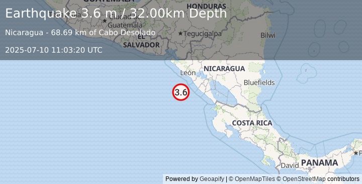 Earthquake NEAR COAST OF NICARAGUA (3.6 m) (2025-07-10 11:03:20 UTC)