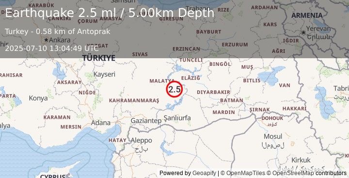 Earthquake EASTERN TURKEY (2.5 ml) (2025-07-10 13:04:49 UTC)