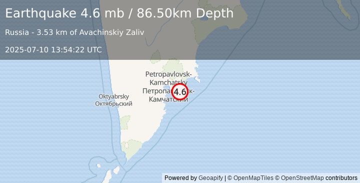 Earthquake OFF EAST COAST OF KAMCHATKA (4.6 mb) (2025-07-10 13:54:22 UTC)
