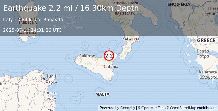 Earthquake SICILY, ITALY (2.2 ml) (2025-07-10 14:31:26 UTC)
