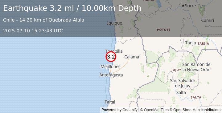 Earthquake OFFSHORE ANTOFAGASTA, CHILE (3.2 ml) (2025-07-10 15:23:43 UTC)