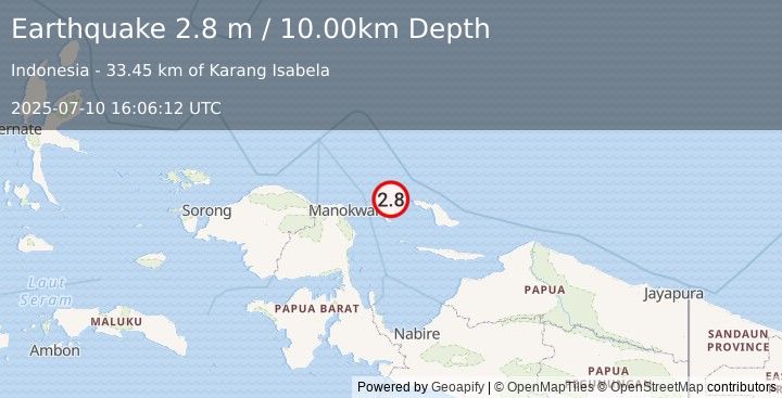 Earthquake NEAR N COAST OF PAPUA, INDONESIA (2.8 m) (2025-07-10 16:06:12 UTC)