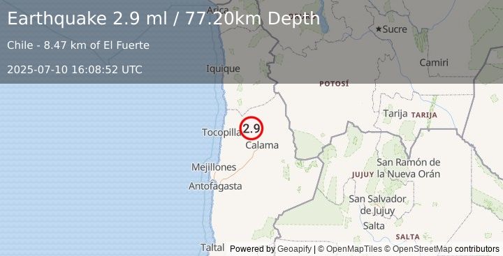 Earthquake ANTOFAGASTA, CHILE (2.9 ml) (2025-07-10 16:08:52 UTC)
