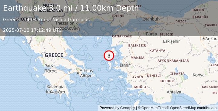 Earthquake NEAR THE COAST OF WESTERN TURKEY (3.0 ml) (2025-07-10 17:12:47 UTC)