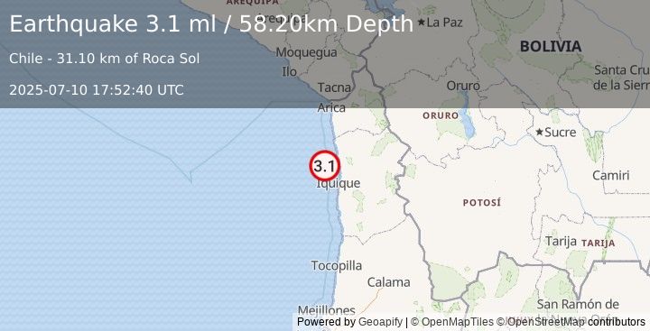 Earthquake OFFSHORE TARAPACA, CHILE (3.1 ml) (2025-07-10 17:52:40 UTC)