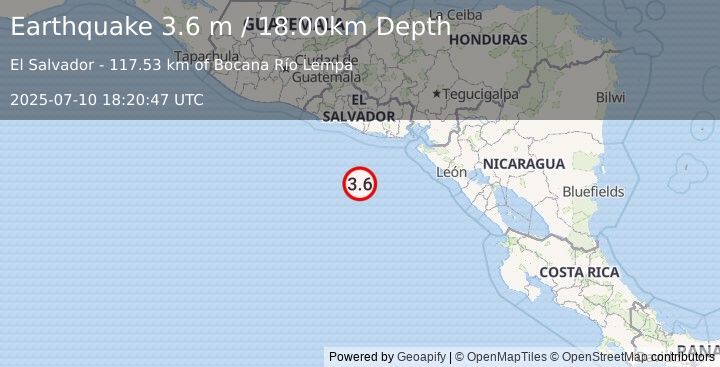 Earthquake OFF THE COAST OF EL SALVADOR (3.6 m) (2025-07-10 18:20:47 UTC)