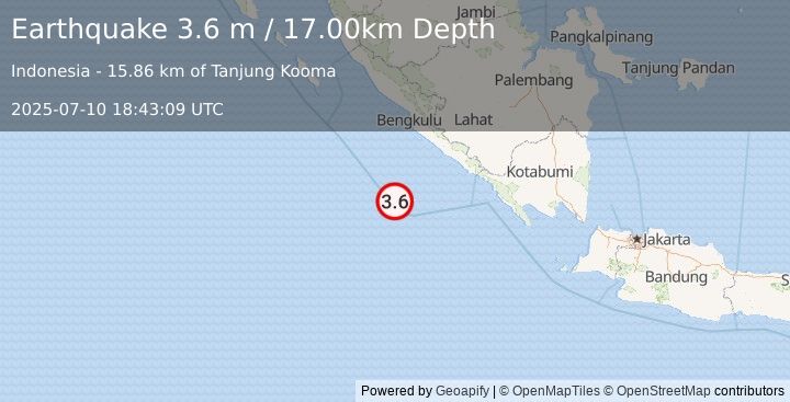 Earthquake SOUTHWEST OF SUMATRA, INDONESIA (3.6 m) (2025-07-10 18:43:09 UTC)
