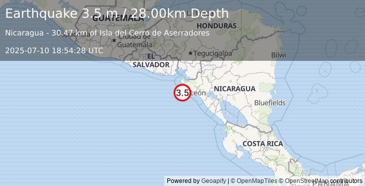 Earthquake NEAR COAST OF NICARAGUA (3.5 m) (2025-07-10 18:54:28 UTC)