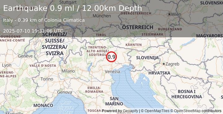 Earthquake NORTHERN ITALY (0.9 ml) (2025-07-10 19:31:06 UTC)