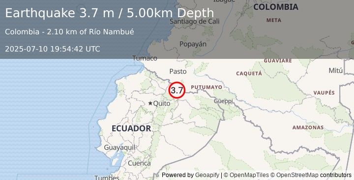 Earthquake COLOMBIA-ECUADOR BORDER REGION (3.7 m) (2025-07-10 19:54:42 UTC)