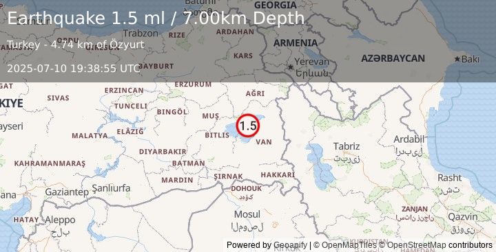 Earthquake EASTERN TURKEY (1.5 ml) (2025-07-10 19:38:55 UTC)