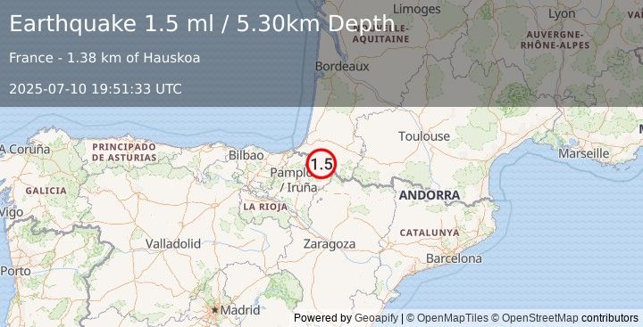 Earthquake PYRENEES (1.5 ml) (2025-07-10 19:51:33 UTC)