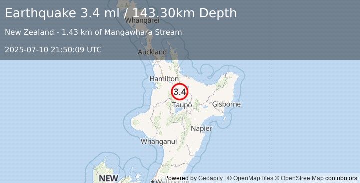 Earthquake NORTH ISLAND OF NEW ZEALAND (3.4 ml) (2025-07-10 21:50:09 UTC)