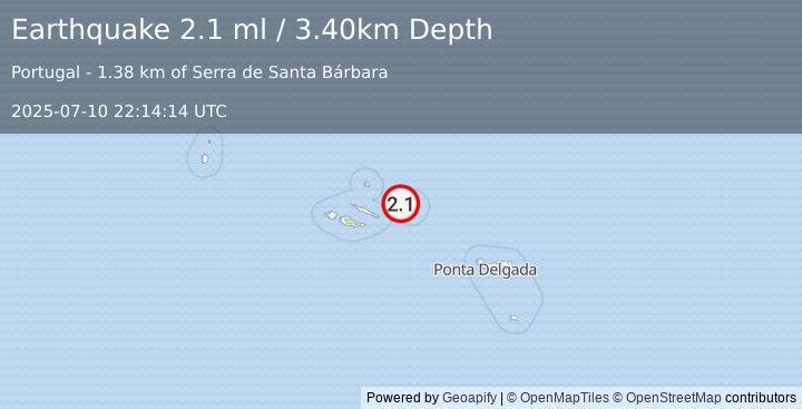 Earthquake AZORES ISLANDS, PORTUGAL (2.1 ml) (2025-07-10 22:14:14 UTC)