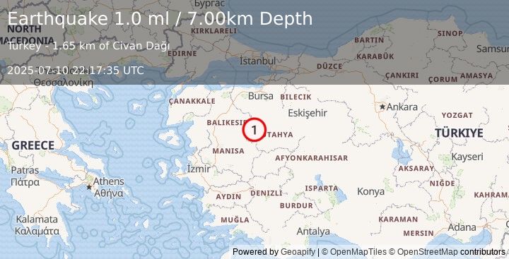 Earthquake WESTERN TURKEY (1.0 ml) (2025-07-10 22:17:35 UTC)