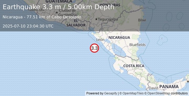 Earthquake NEAR COAST OF NICARAGUA (3.4 m) (2025-07-10 23:04:31 UTC)