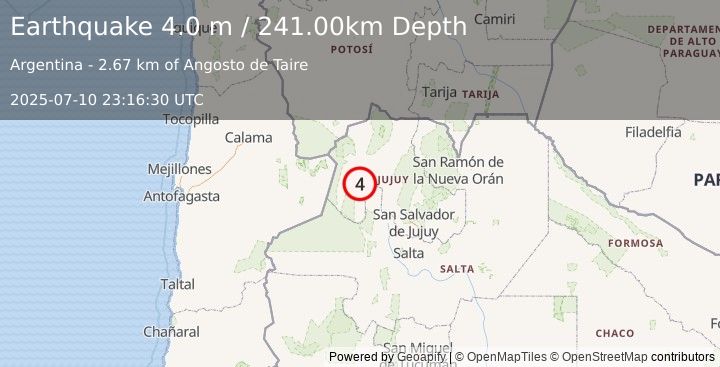 Earthquake JUJUY, ARGENTINA (4.0 m) (2025-07-10 23:16:19 UTC)