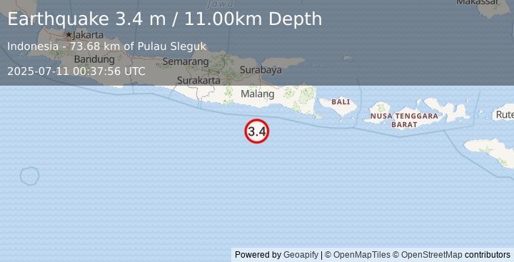 Earthquake SOUTH OF JAVA, INDONESIA (3.4 m) (2025-07-11 00:37:56 UTC)
