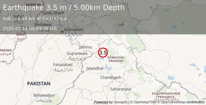 Earthquake HIMACHAL PRADESH, INDIA (3.5 m) (2025-07-11 00:53:56 UTC)