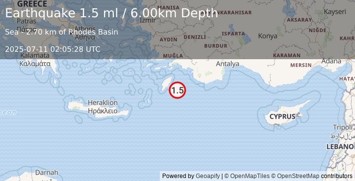 Earthquake EASTERN MEDITERRANEAN SEA (1.5 ml) (2025-07-11 02:05:28 UTC)