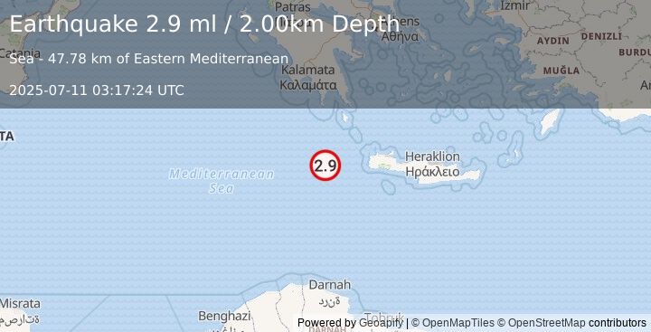 Earthquake CENTRAL MEDITERRANEAN SEA (2.8 ml) (2025-07-11 03:17:25 UTC)
