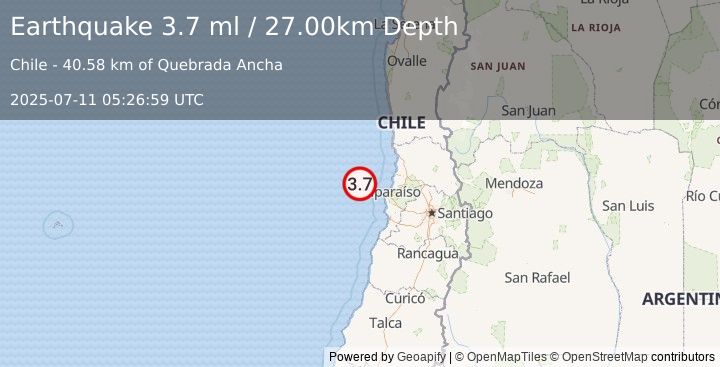 Earthquake OFFSHORE VALPARAISO, CHILE (3.7 ml) (2025-07-11 05:26:57 UTC)