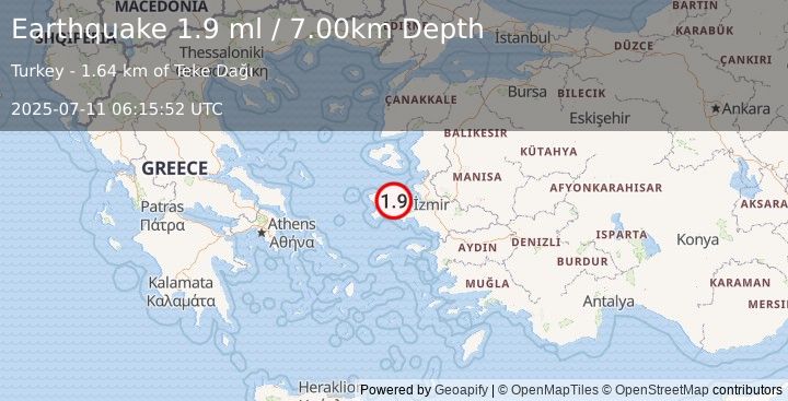 Earthquake NEAR THE COAST OF WESTERN TURKEY (1.9 ml) (2025-07-11 06:15:52 UTC)