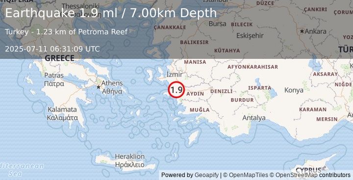 Earthquake WESTERN TURKEY (1.9 ml) (2025-07-11 06:31:09 UTC)