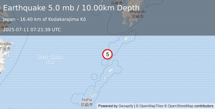 Earthquake RYUKYU ISLANDS, JAPAN (5.0 mb) (2025-07-11 07:21:39 UTC)