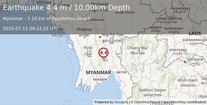 Earthquake MYANMAR (4.4 m) (2025-07-11 09:12:22 UTC)