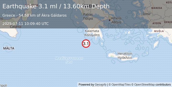 Earthquake SOUTHERN GREECE (3.1 ml) (2025-07-11 10:09:40 UTC)