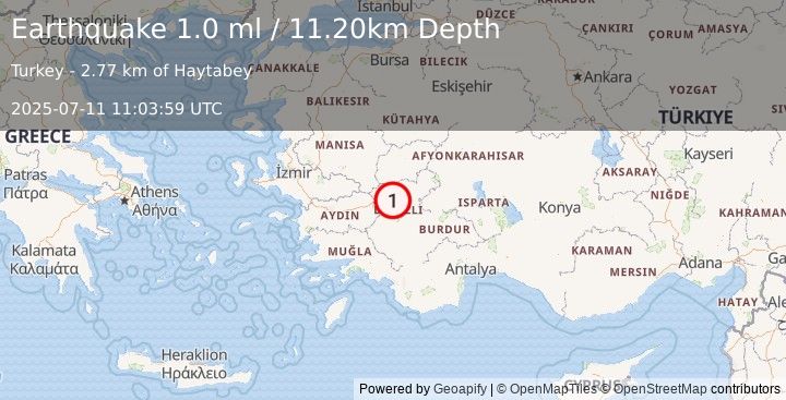 Earthquake WESTERN TURKEY (1.0 ml) (2025-07-11 11:03:59 UTC)