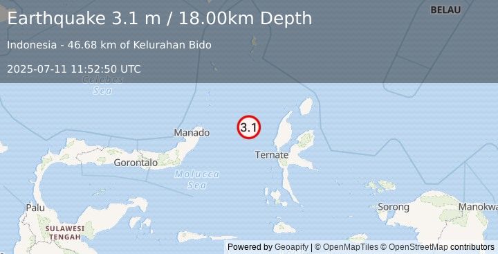 Earthquake MOLUCCA SEA (3.1 m) (2025-07-11 11:52:50 UTC)